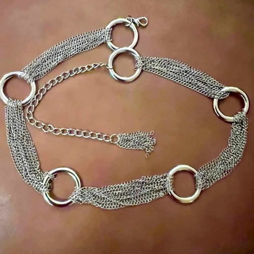 Silver Ring Multi-Chain Tassel Belt | Boho Layered Drape Waist Chain EUC